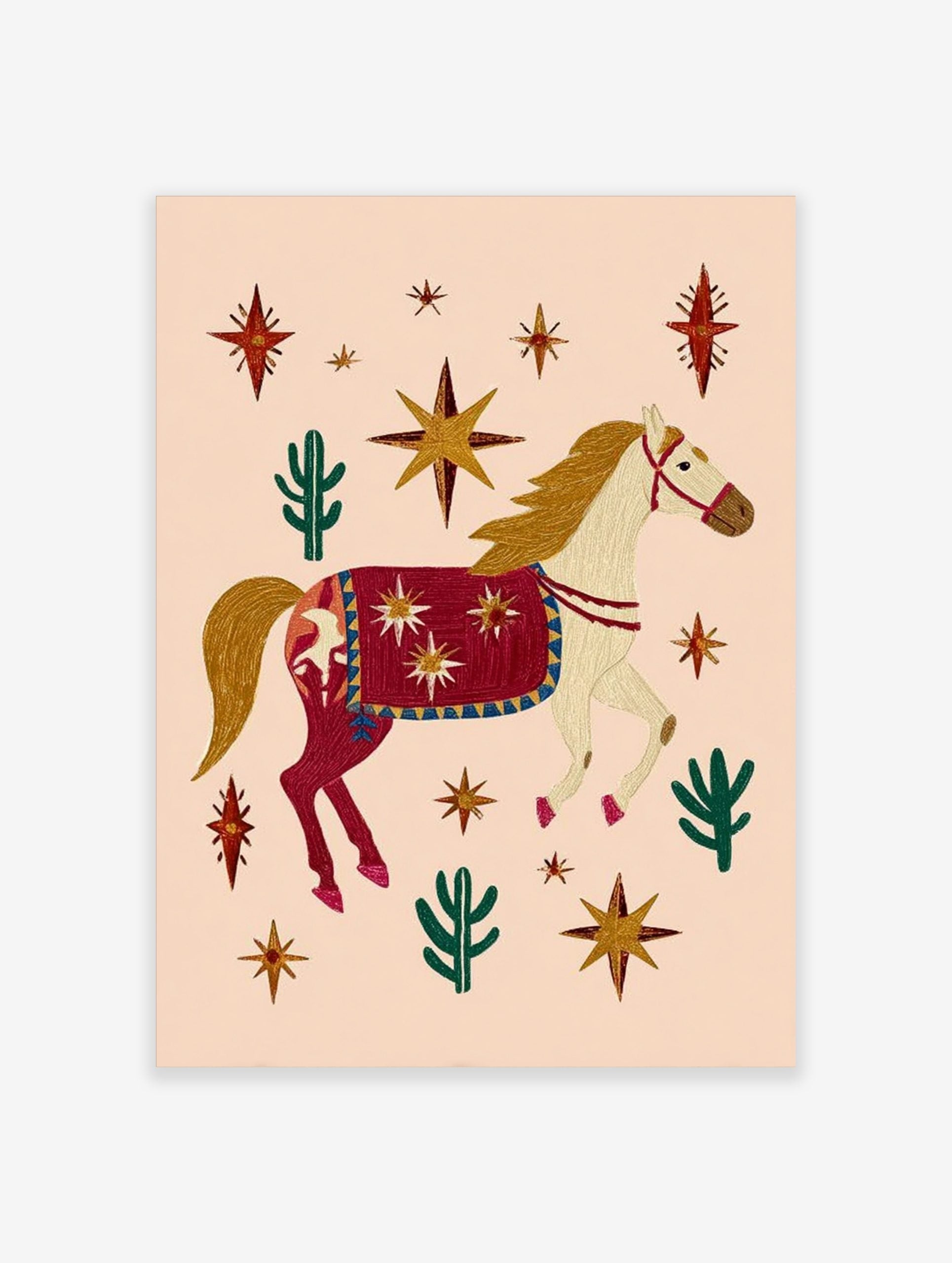 Illustrative decorated horse with red blanket, gold stars, and green cacti on a peach background