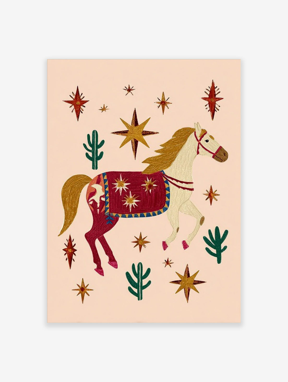 Illustrative decorated horse with red blanket, gold stars, and green cacti on a peach background