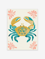 Decorative crab illustration wall art in golden yellow and teal blue with pink flowers on an off-white background