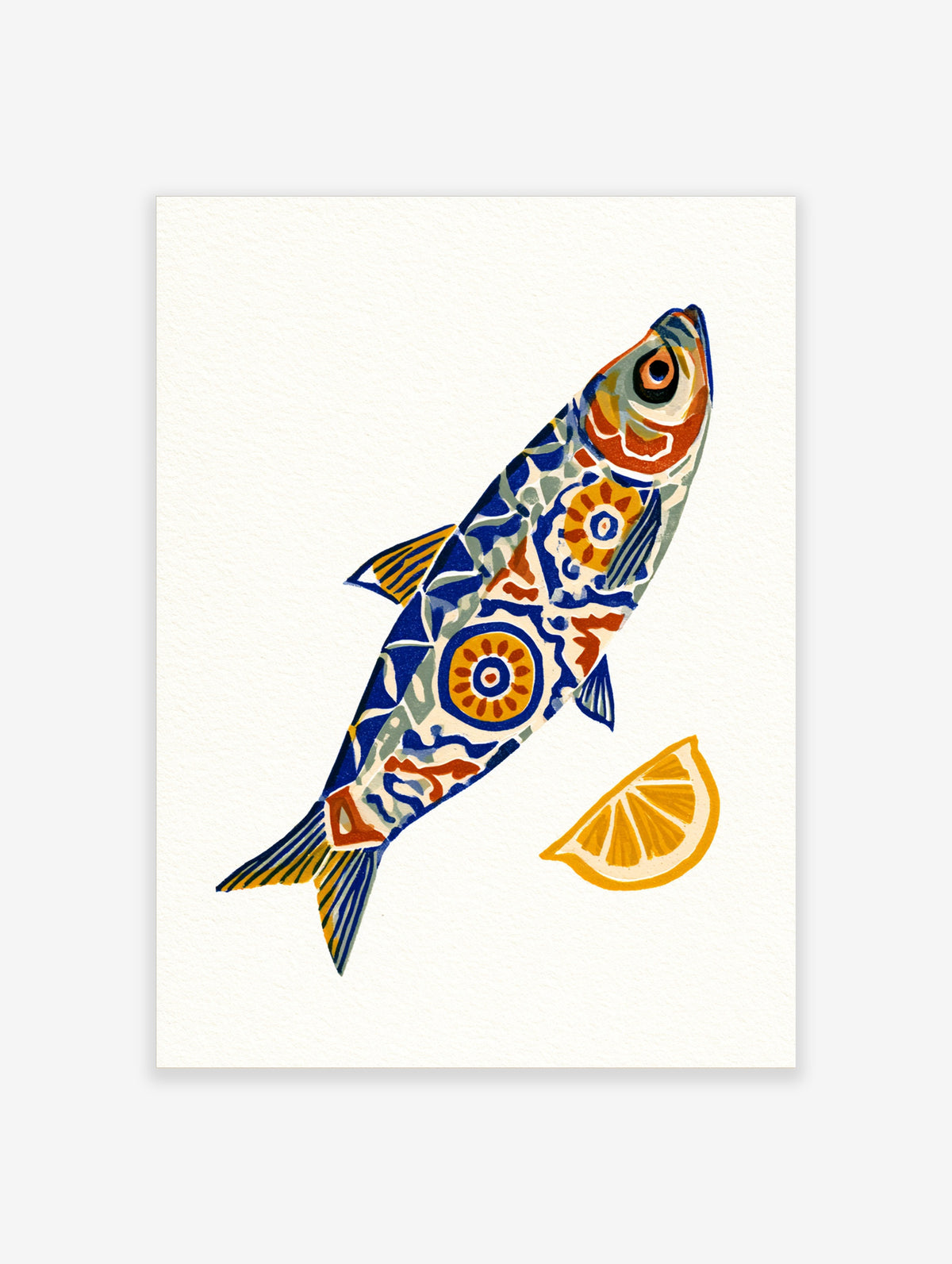 Stylised fish illustration with blue and orange geometric patterns and a lemon slice on a white background wall art print