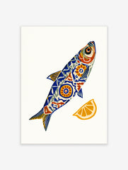 Stylised fish illustration with blue and orange geometric patterns and a lemon slice on a white background wall art print