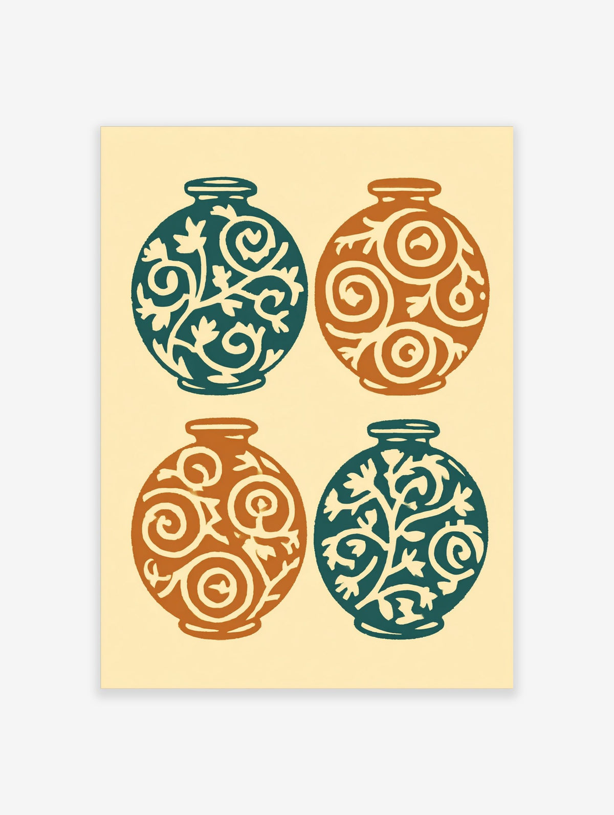 Four decorative round vases in teal and orange with swirling botanical patterns on a light background, arranged in a grid
