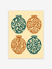 Four decorative round vases in teal and orange with swirling botanical patterns on a light background, arranged in a grid