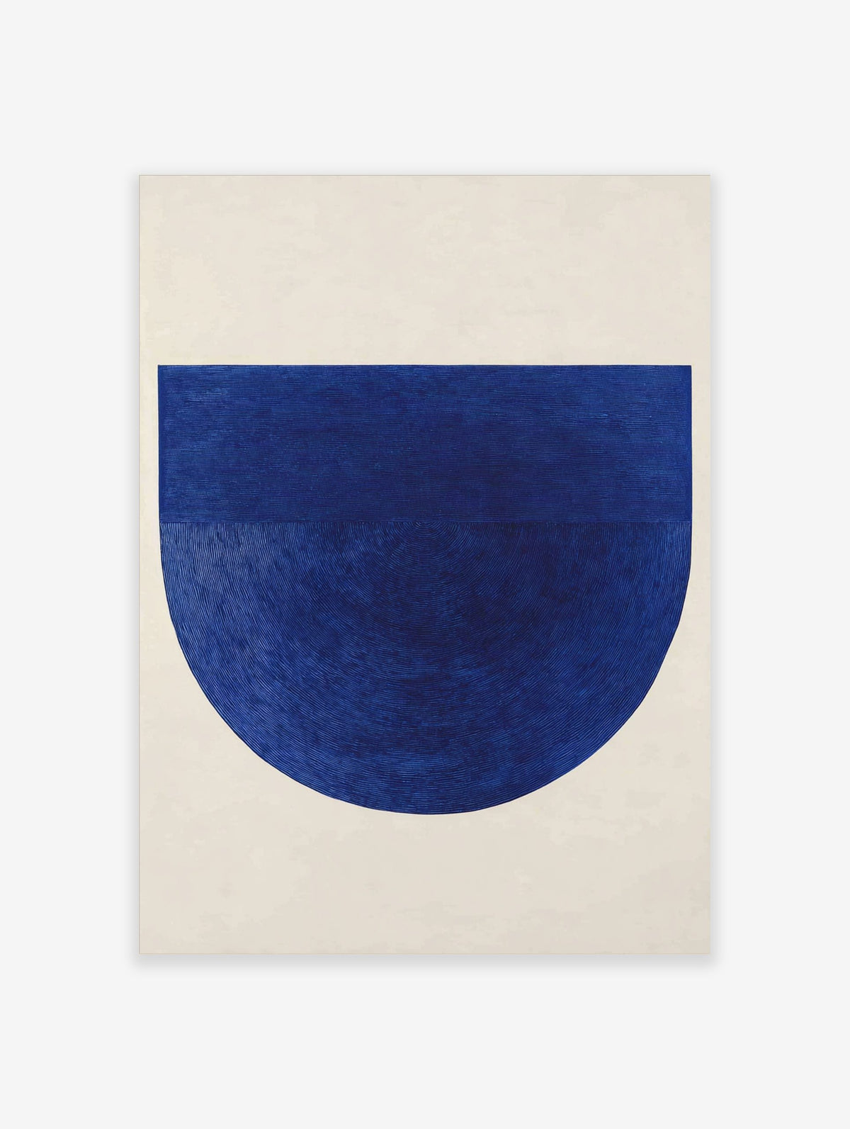 Deep blue abstract geometric art print with textured semicircle and horizontal lines on off-white background