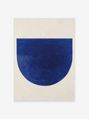 Deep blue abstract geometric art print with textured semicircle and horizontal lines on off-white background