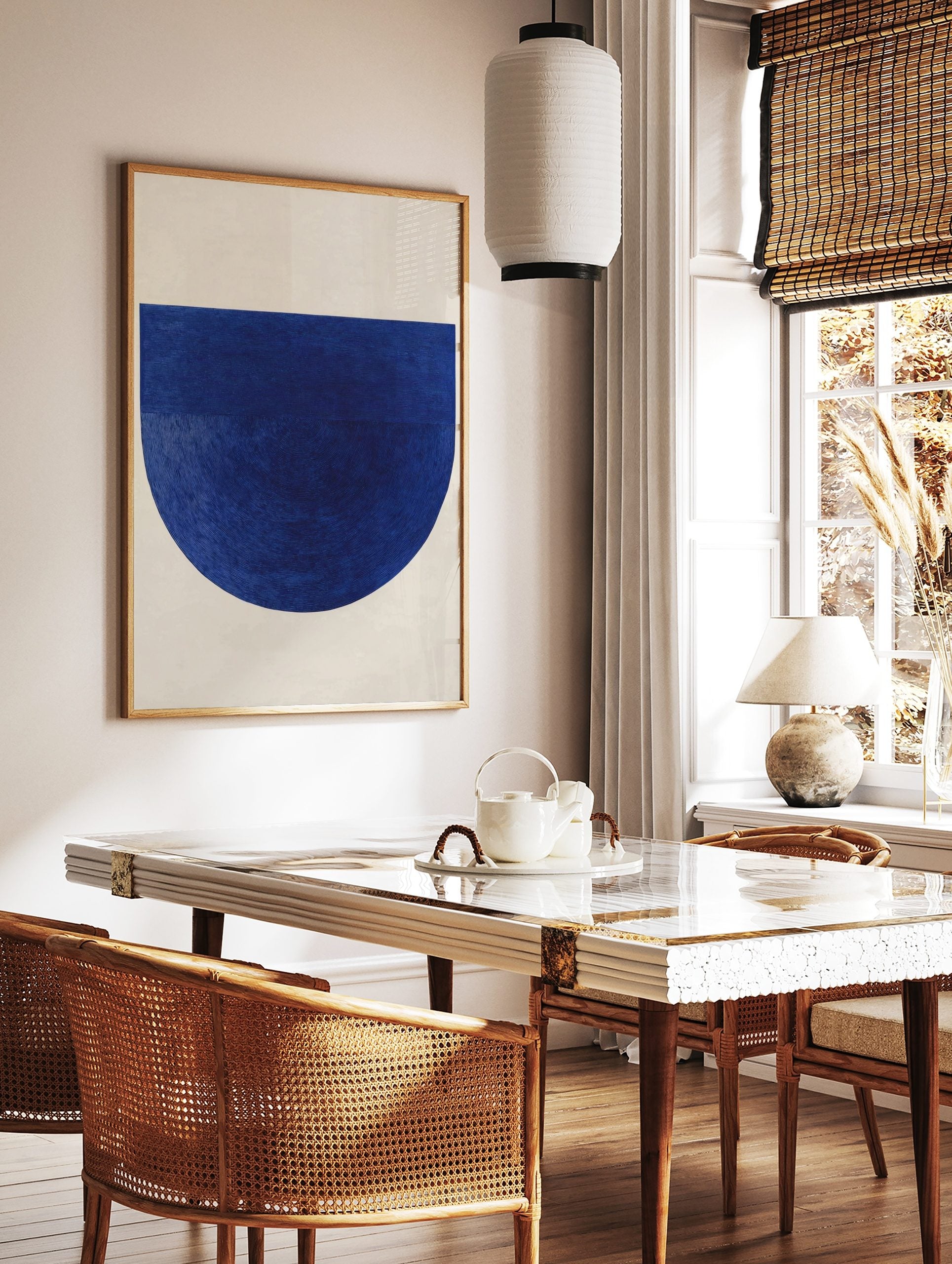 Deep blue abstract geometric art print with textured semicircle and horizontal lines on off-white, in a styled room mockup
