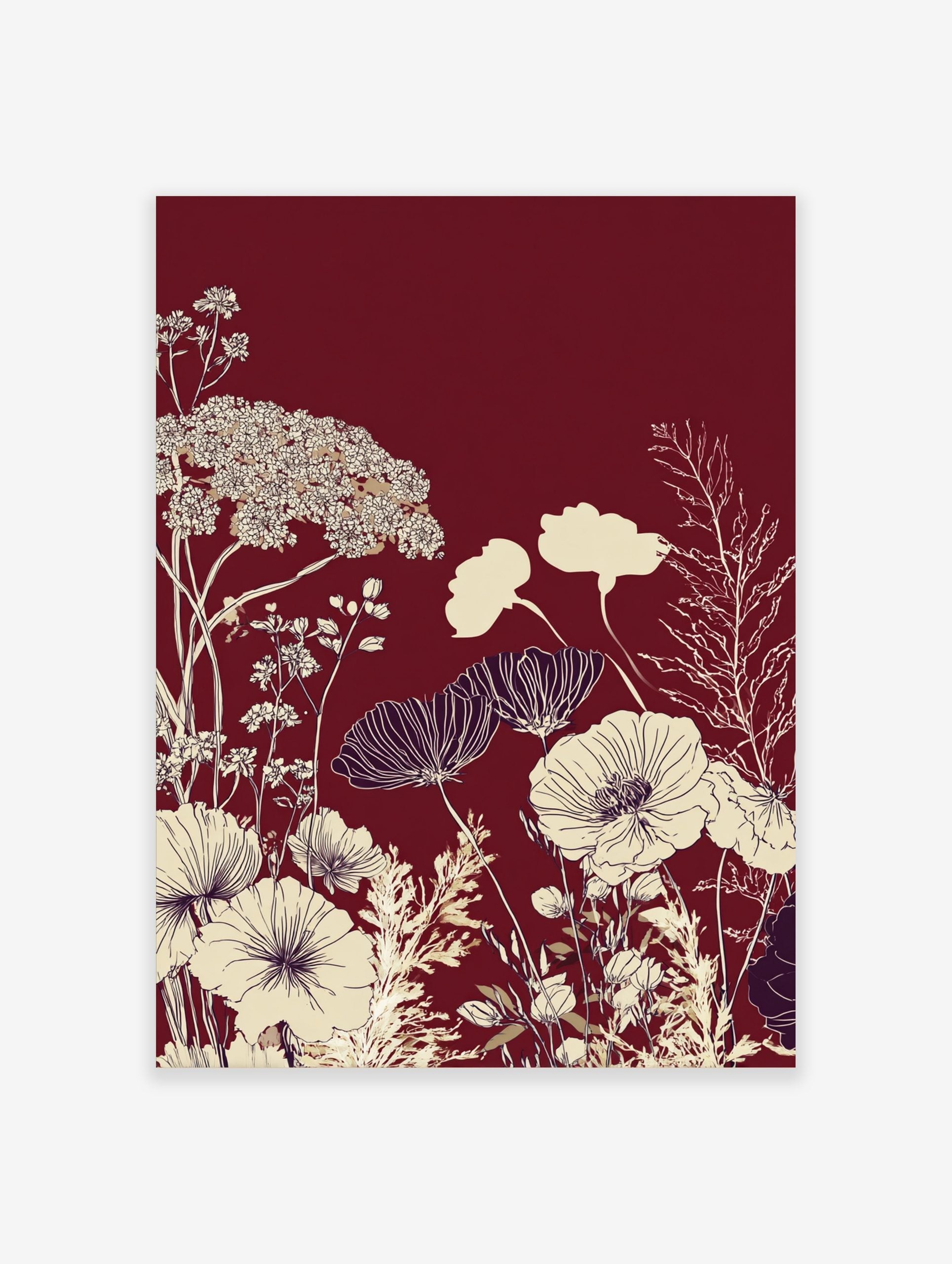 Deep red background with cream and white illustrative botanical poppy flowers and delicate foliage art print
