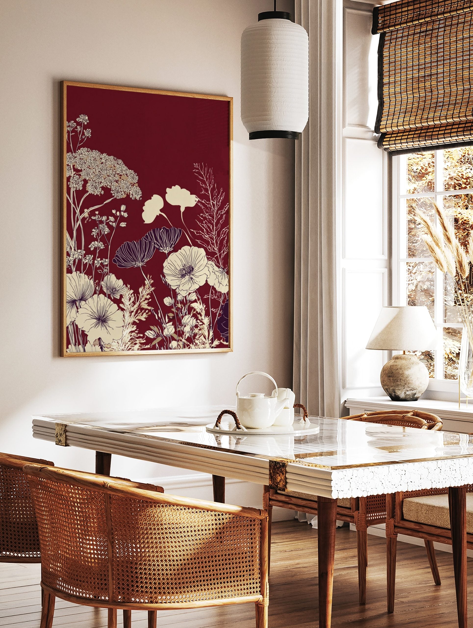 Deep red background with cream and white illustrative botanical poppy flowers and delicate foliage, in a styled room mockup