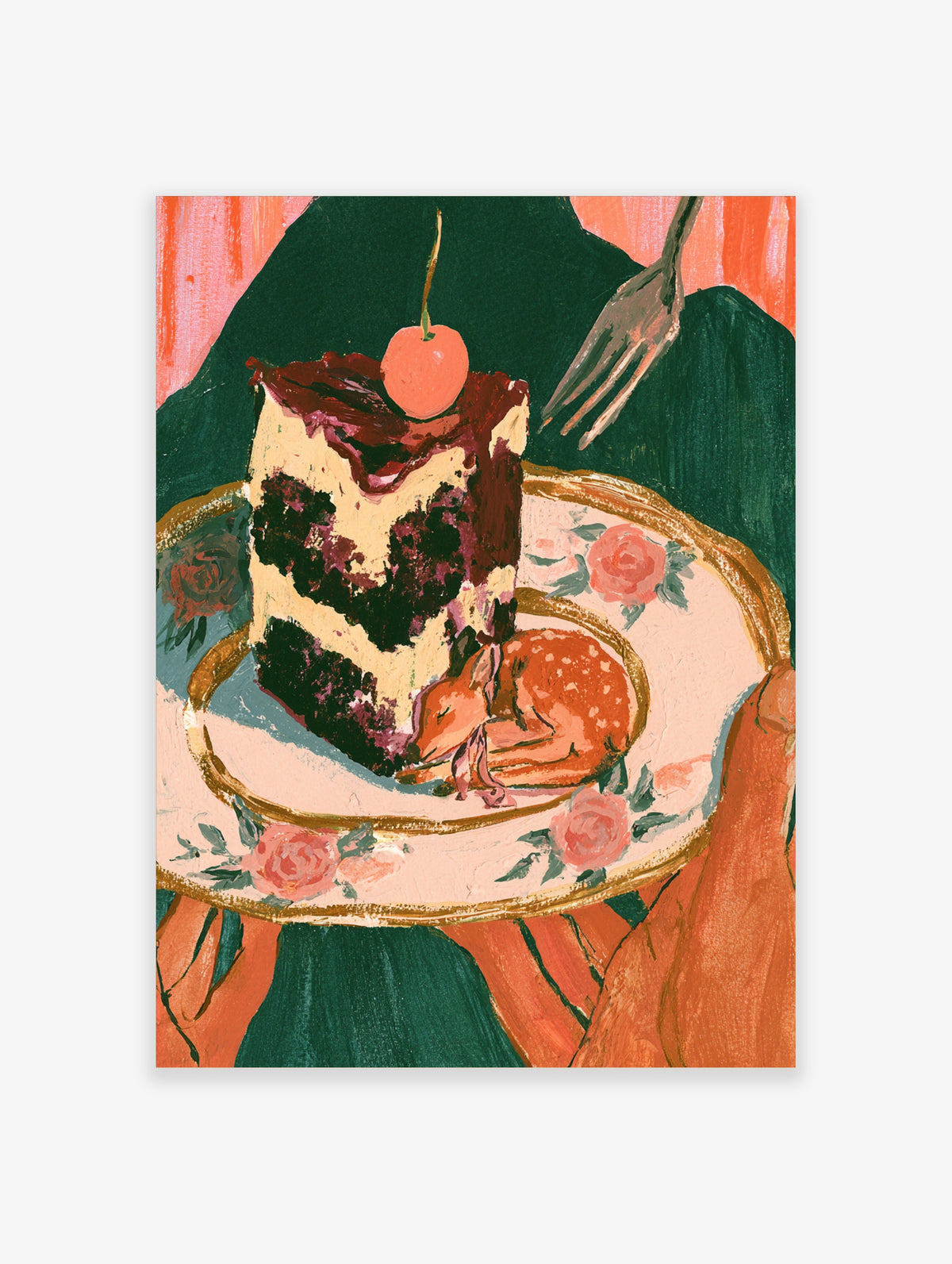 Surreal animal poster of a spotted fawn asleep beside a chocolate cake slice on a floral plate with a cherry and fork