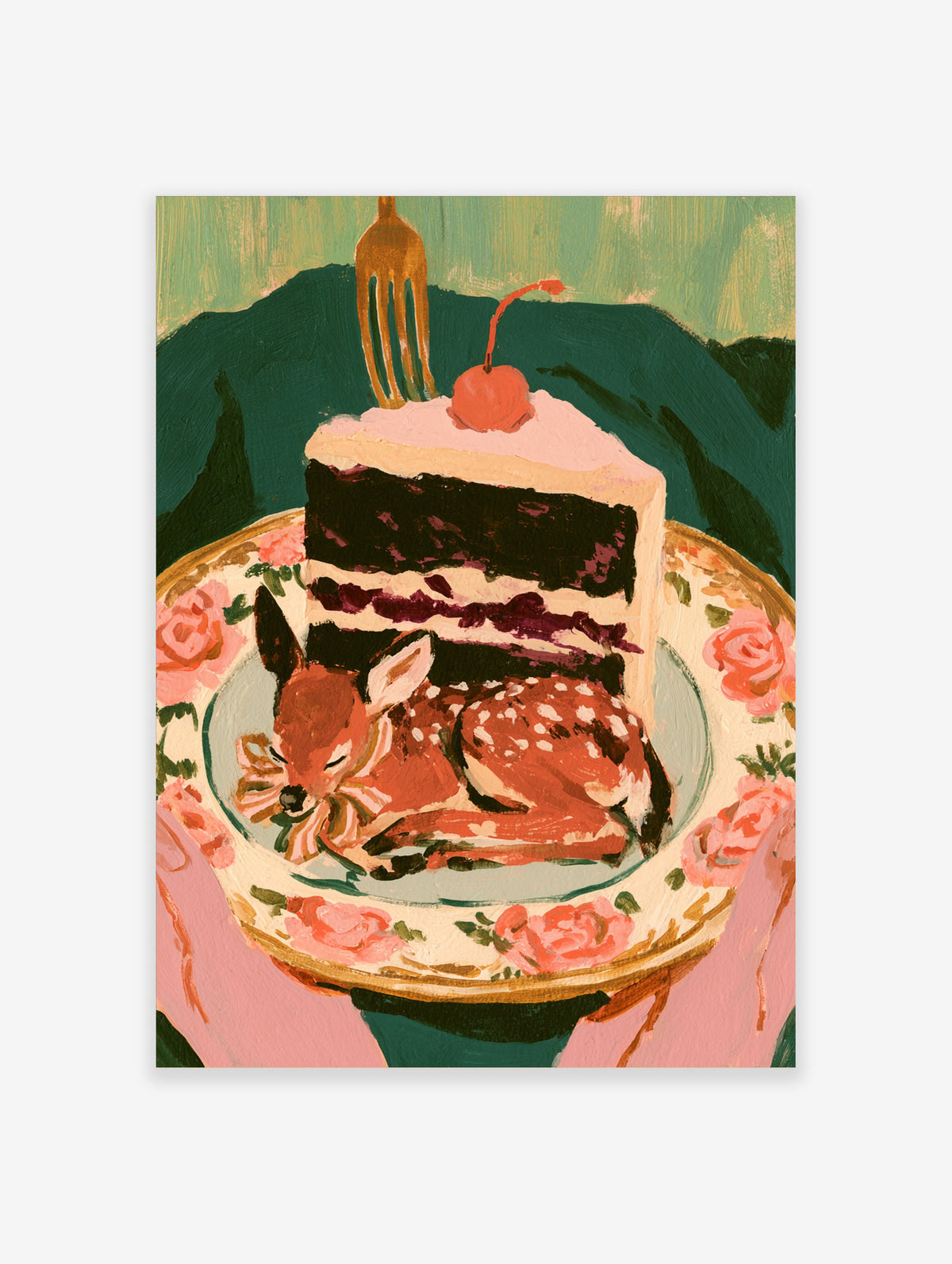 Surreal deer and chocolate cake poster with a sleeping fawn on a floral plate and a fork
