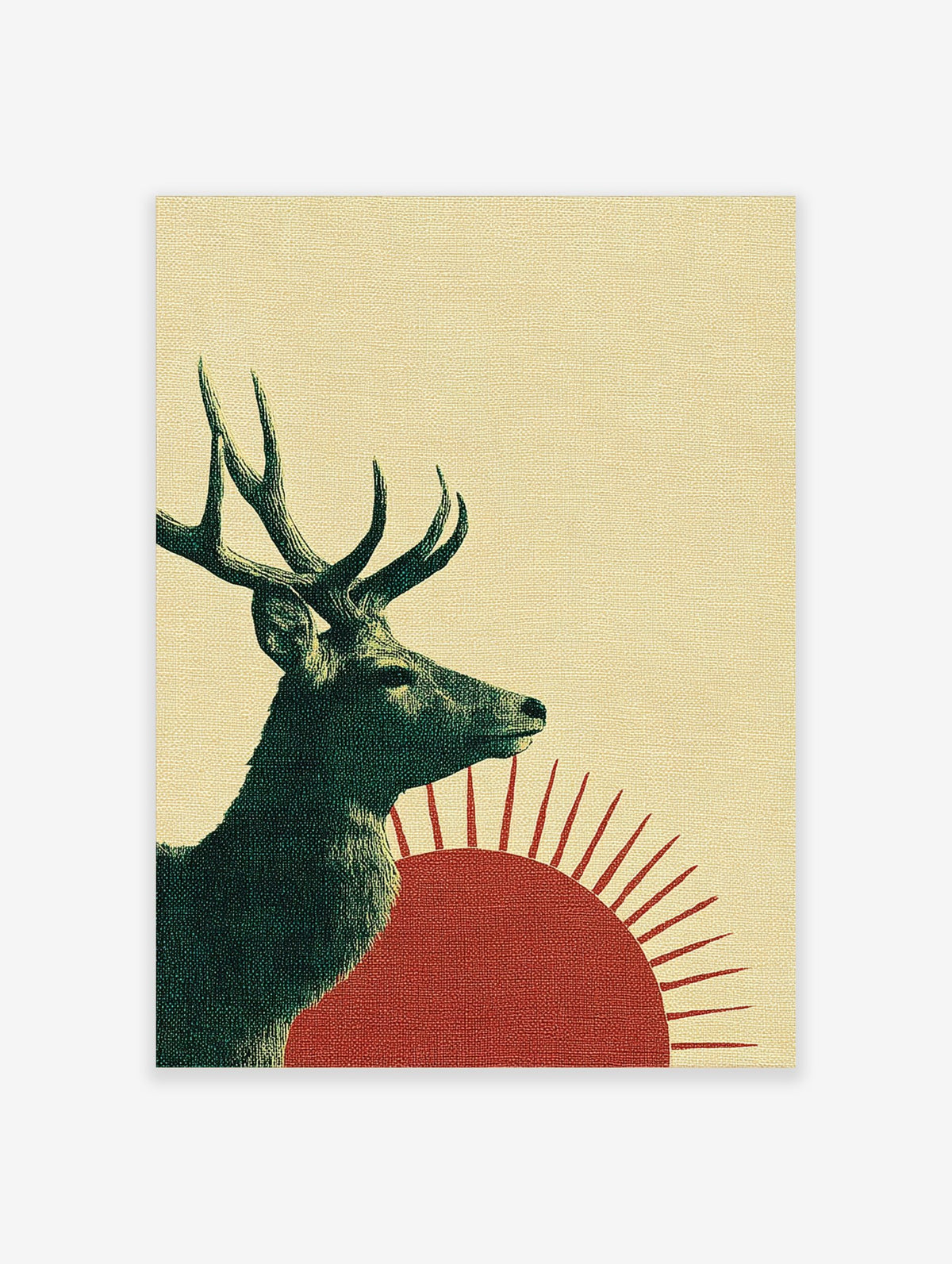 Illustrative green deer with antlers in profile against red sun on textured beige background