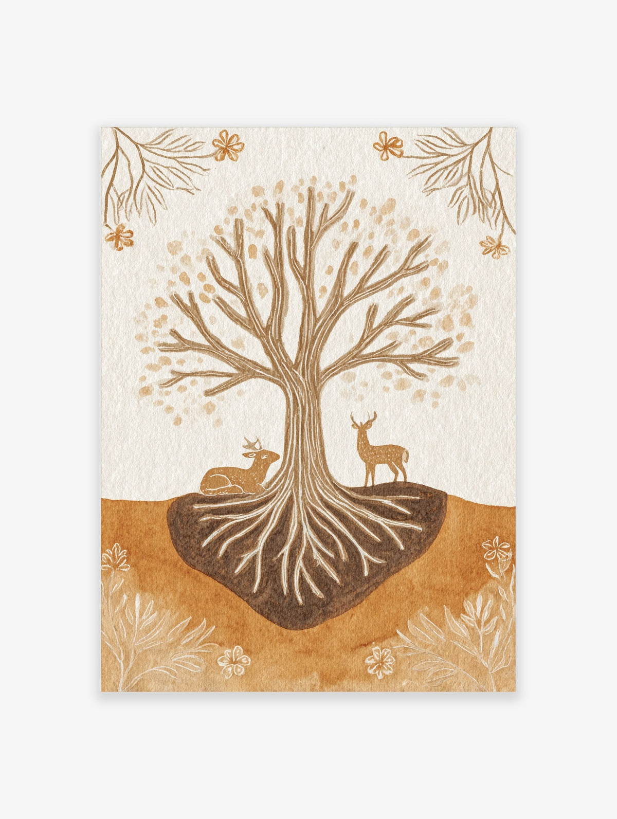 Illustrative wall art of a Tree of Life with exposed roots and two deer in earthy brown and beige tones