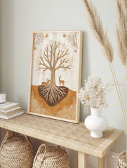 Illustrative wall art of a Tree of Life with exposed roots and two deer in earthy brown and, in an alternate framed mockup