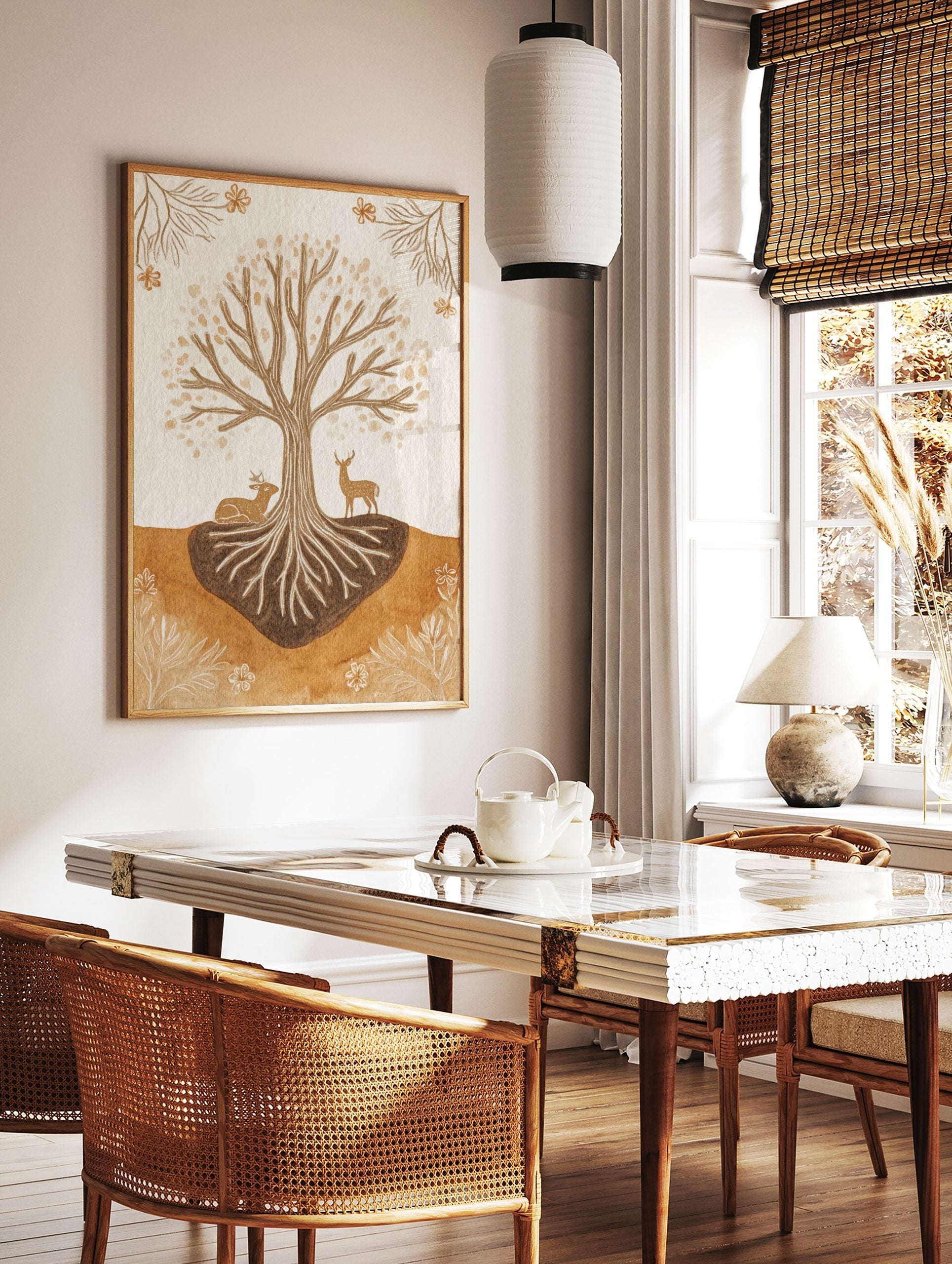 Illustrative wall art of a Tree of Life with exposed roots and two deer in earthy brown and beige, in a styled room mockup