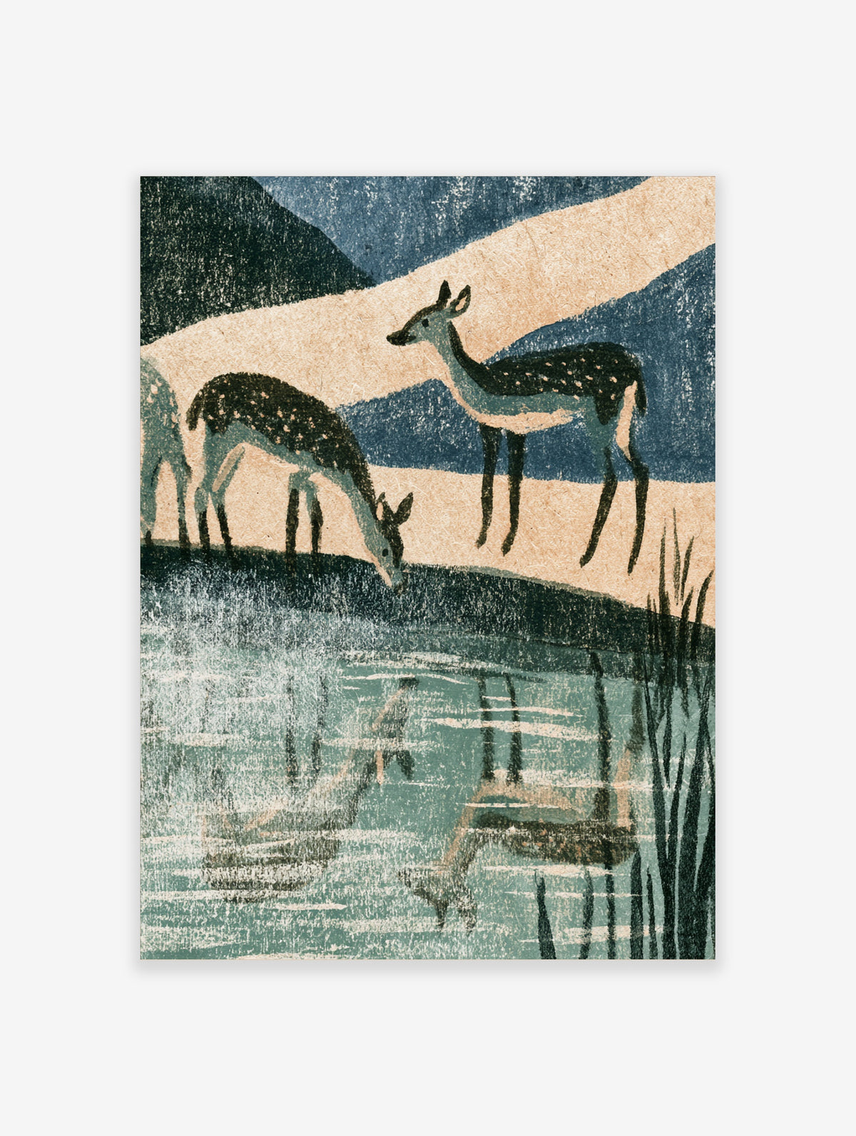 Japanese woodblock-style deer print with two spotted deer beside a stream and water reflections