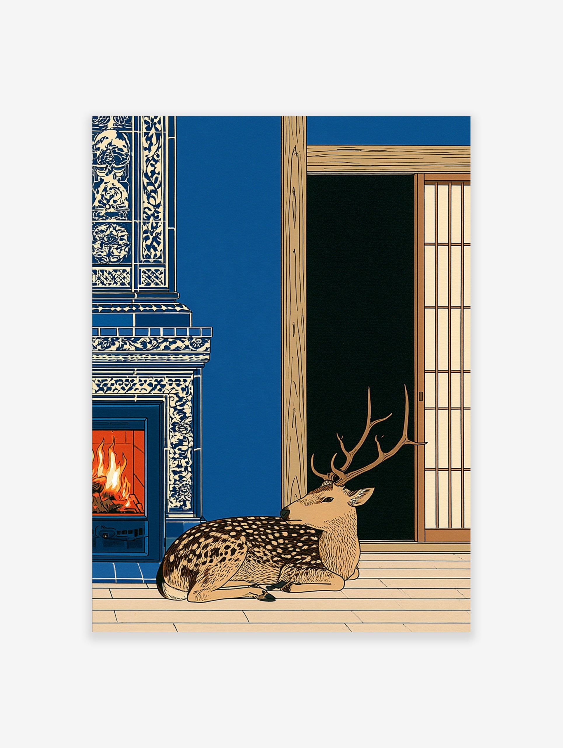 Spotted deer resting by a blue and white tiled fireplace in a traditional Japanese-style room, illustrative art print
