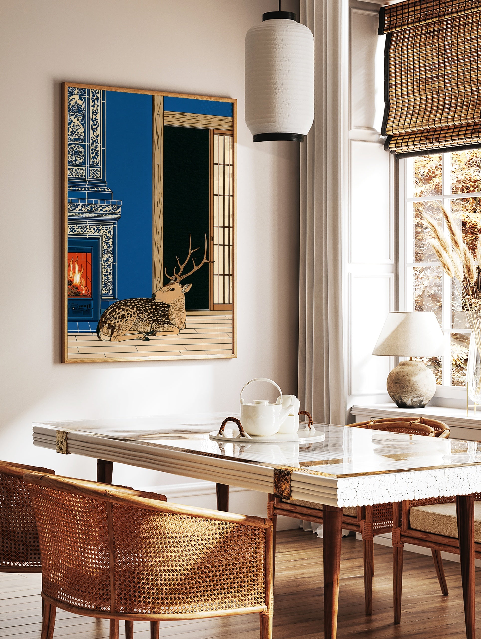 Spotted deer resting by a blue and white tiled fireplace in a traditional Japanese-style room, in a styled room mockup