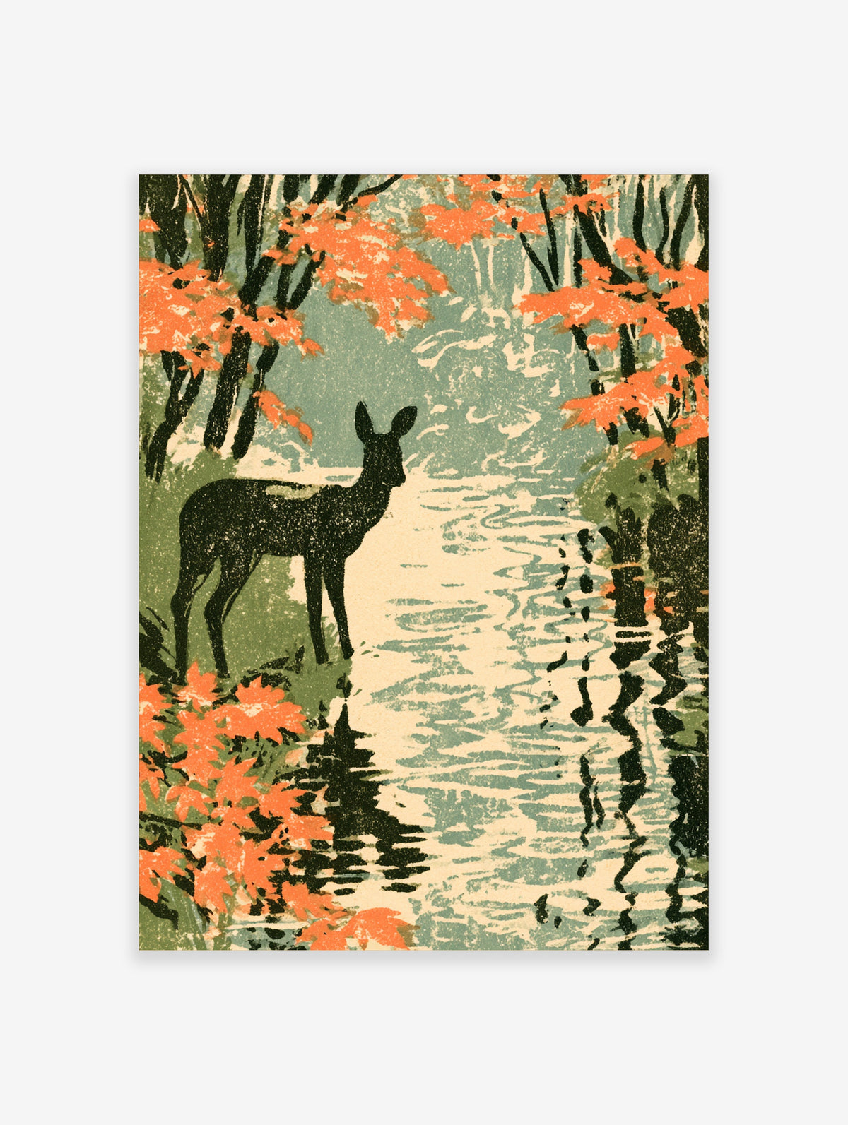 Woodblock style deer by water art print with orange autumn leaves and green reflections