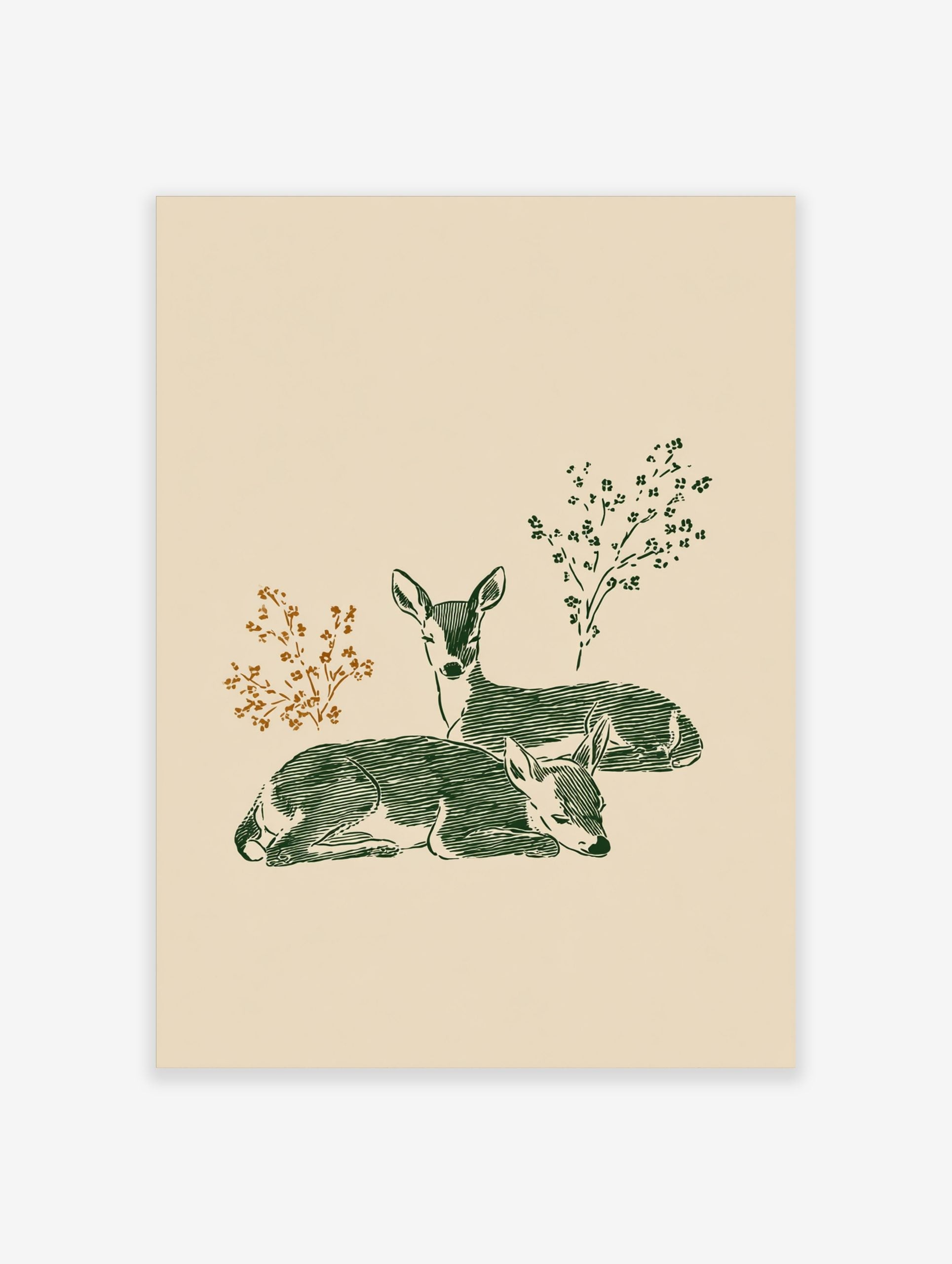 Illustrative print of two green deer fawns resting, with brown and green foliage on a light beige background