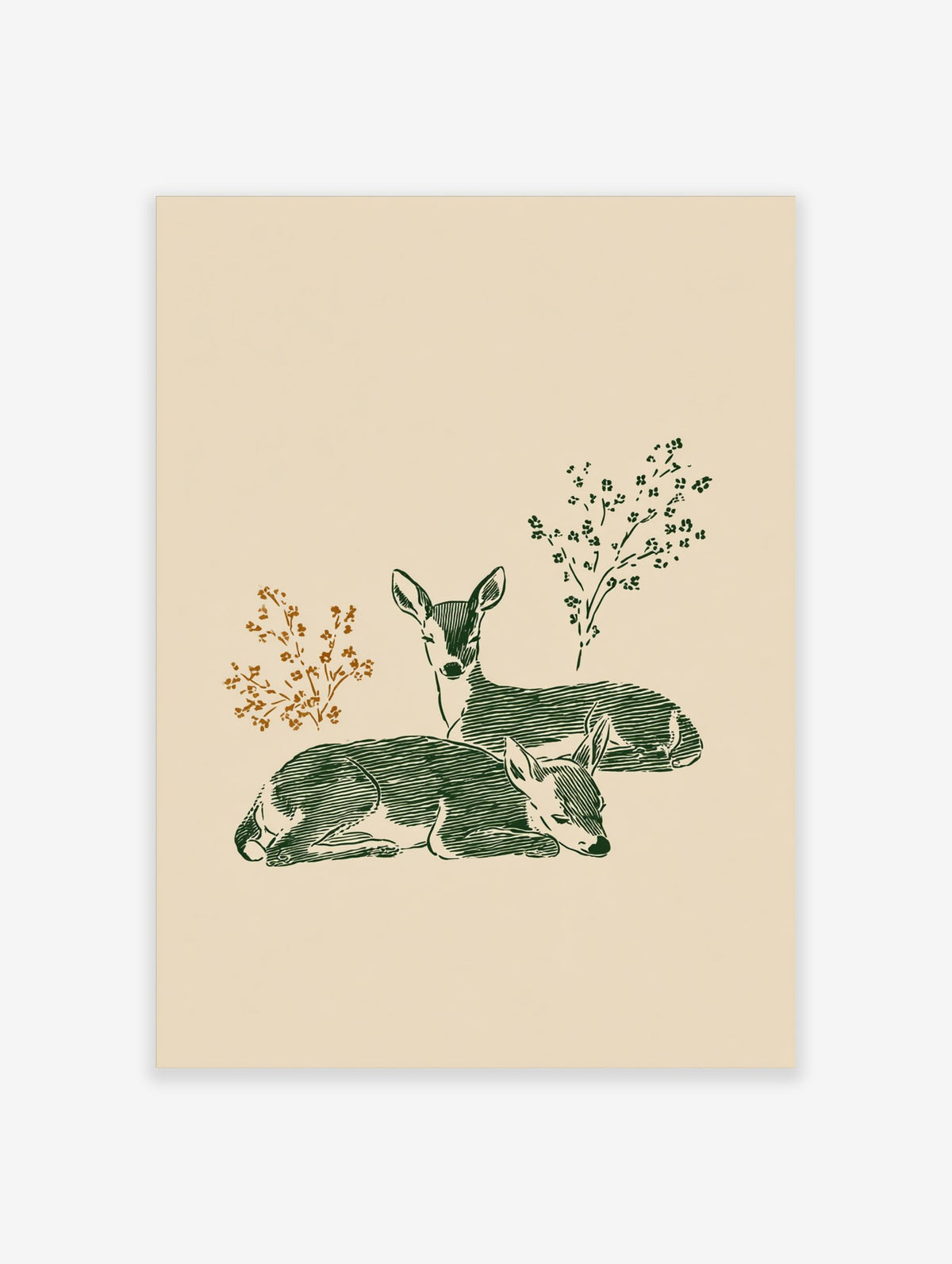Illustrative print of two green deer fawns resting, with brown and green foliage on a light beige background