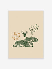 Illustrative print of two green deer fawns resting, with brown and green foliage on a light beige background