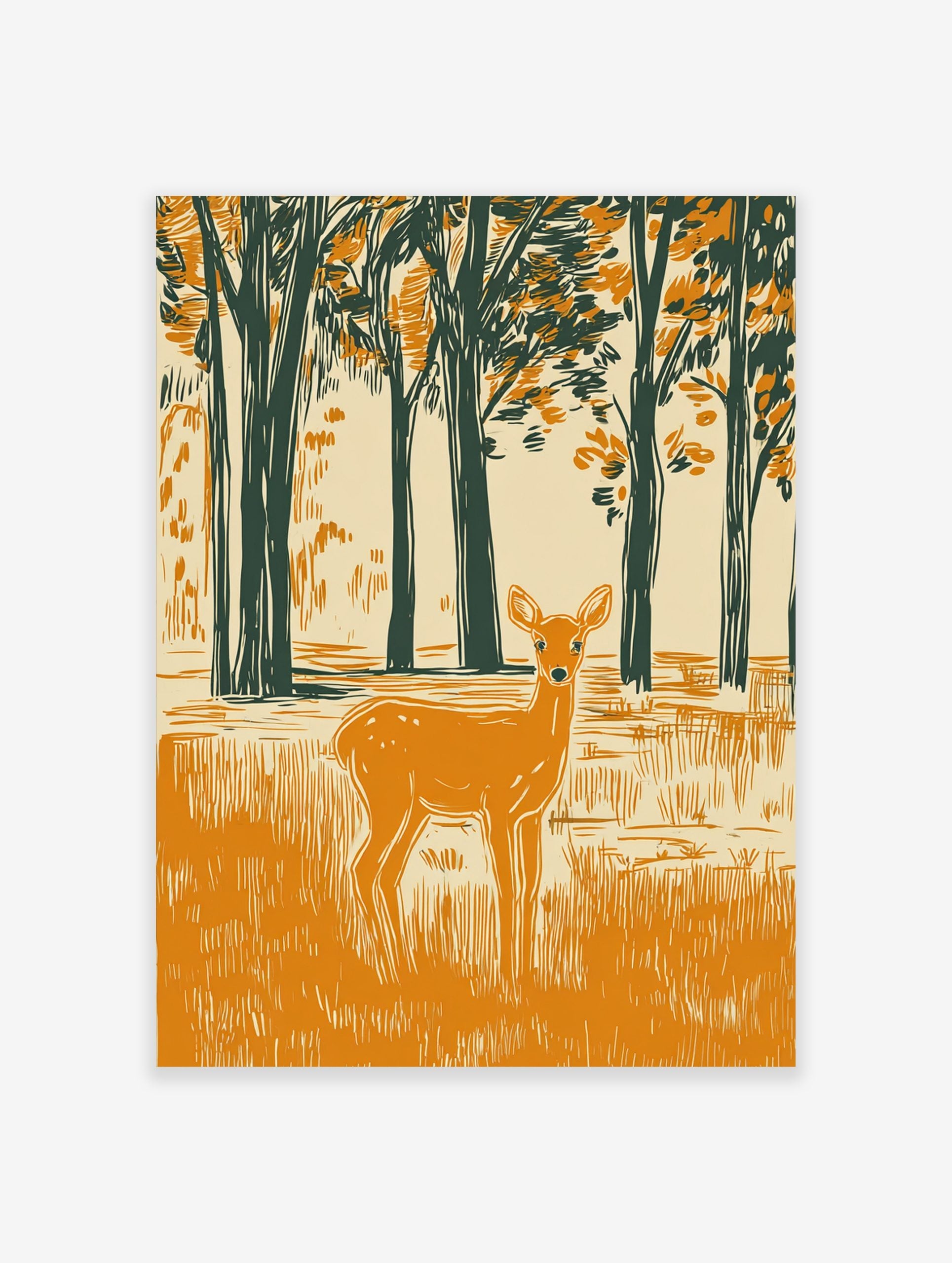 Woodcut style illustration of an orange deer in a dark green forest clearing with tall trees