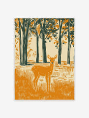 Woodcut style illustration of an orange deer in a dark green forest clearing with tall trees