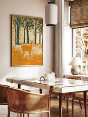 Woodcut style illustration of an orange deer in a dark green forest clearing with tall trees, in a styled room mockup