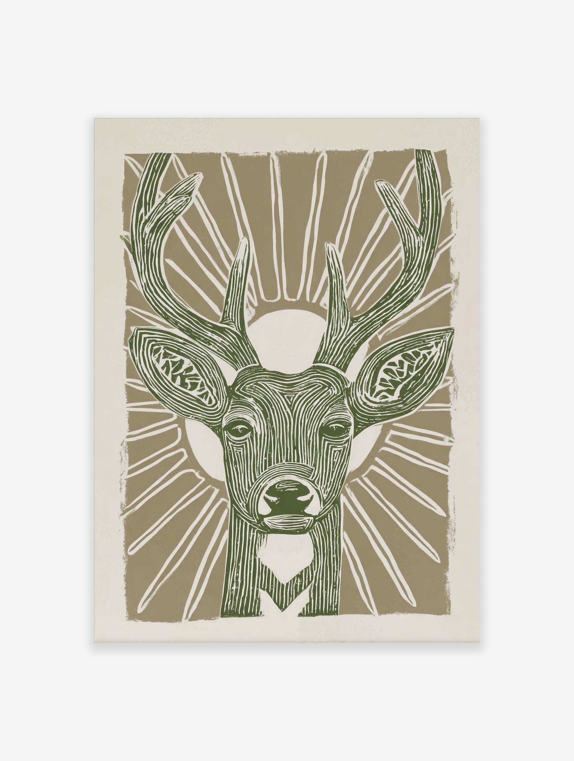 Stylised green deer head with antlers and sunburst on beige background, linocut style animal print