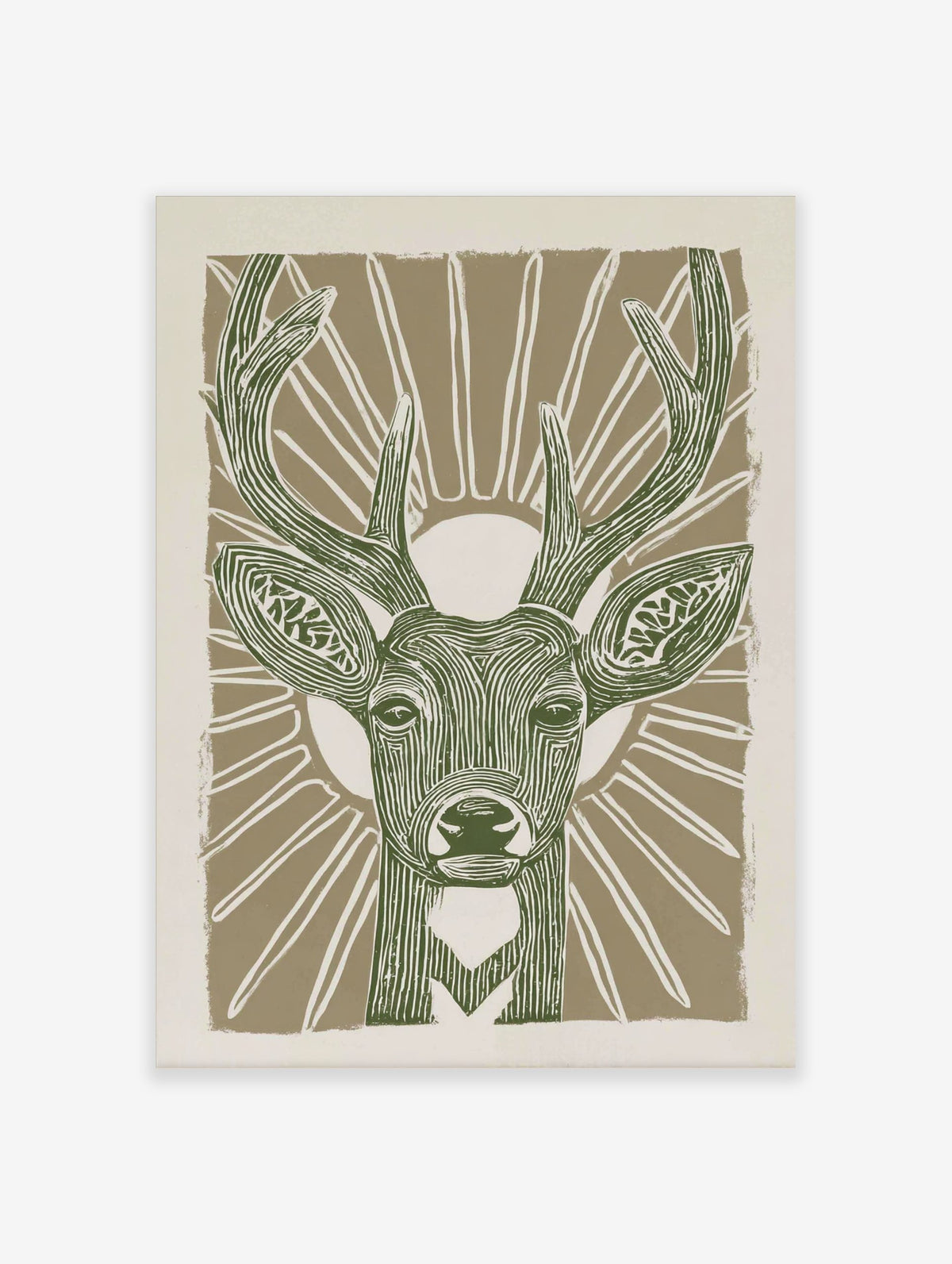 Stylised green deer head with antlers and sunburst on beige background, linocut style animal print
