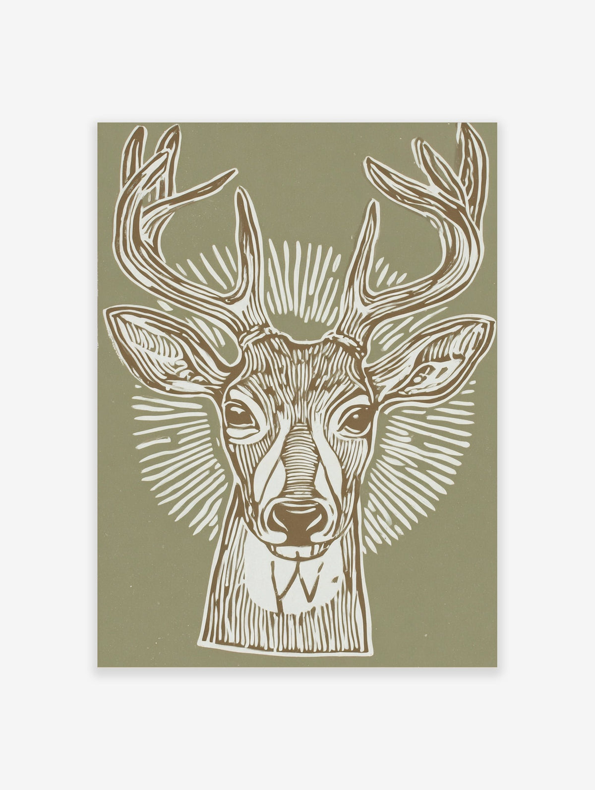 Illustrative deer head print with antlers and radial lines on a sage green background, in a linocut style