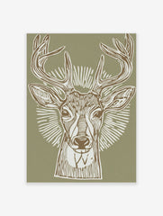Illustrative deer head print with antlers and radial lines on a sage green background, in a linocut style