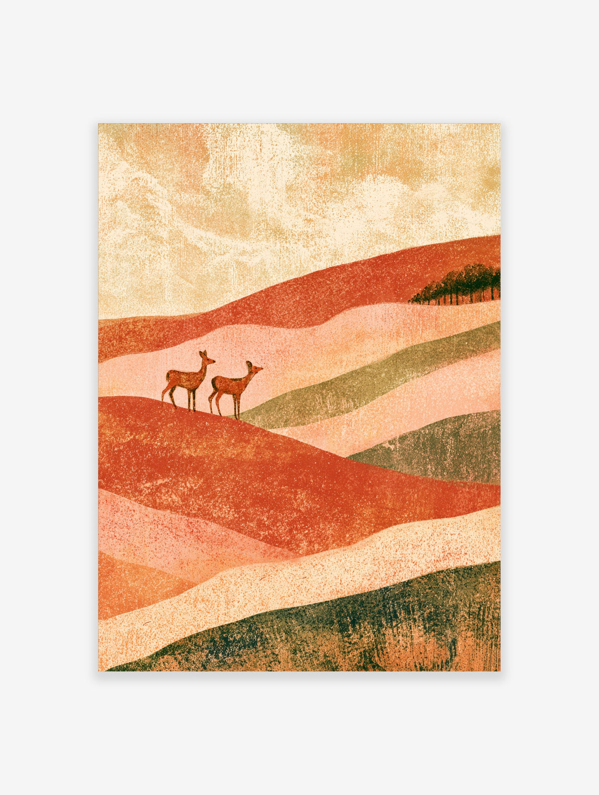 Deer standing on orange desert hills with cream sky, animal landscape art print