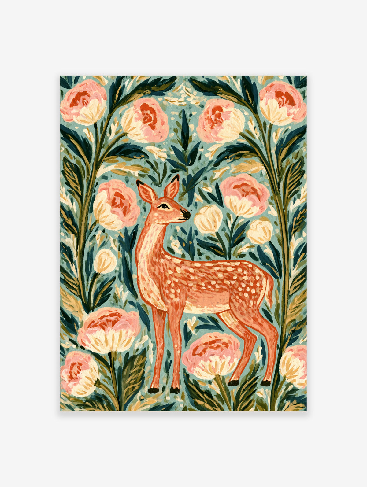 Spotted deer standing among pink peonies and teal leaves in a folk-art style poster