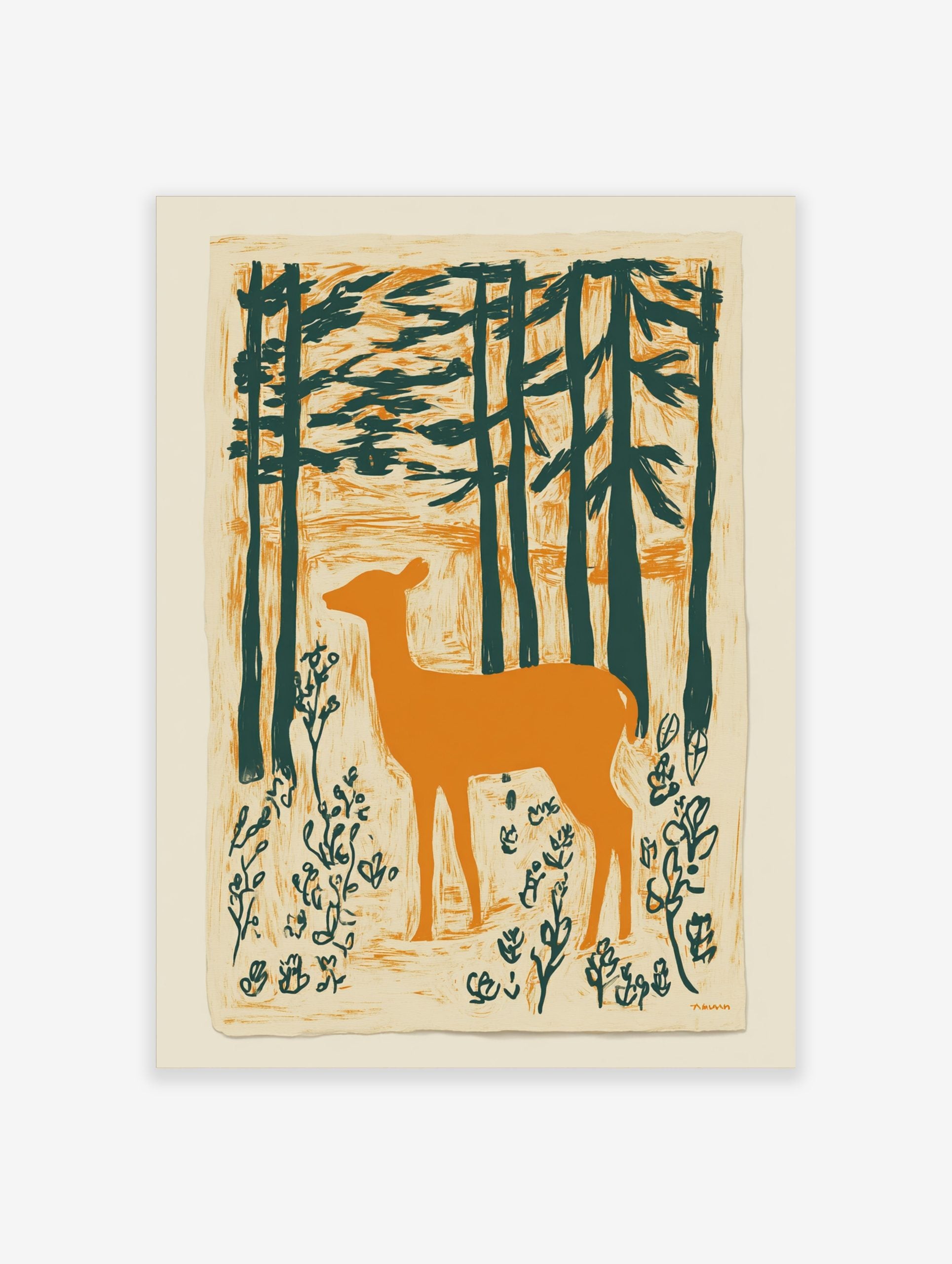 Illustrative print of an orange deer standing in a dark green forest with textured background