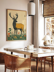 Illustrative stag deer wall art print in a meadow with red and yellow flowers and Japanese-style, in a styled room mockup