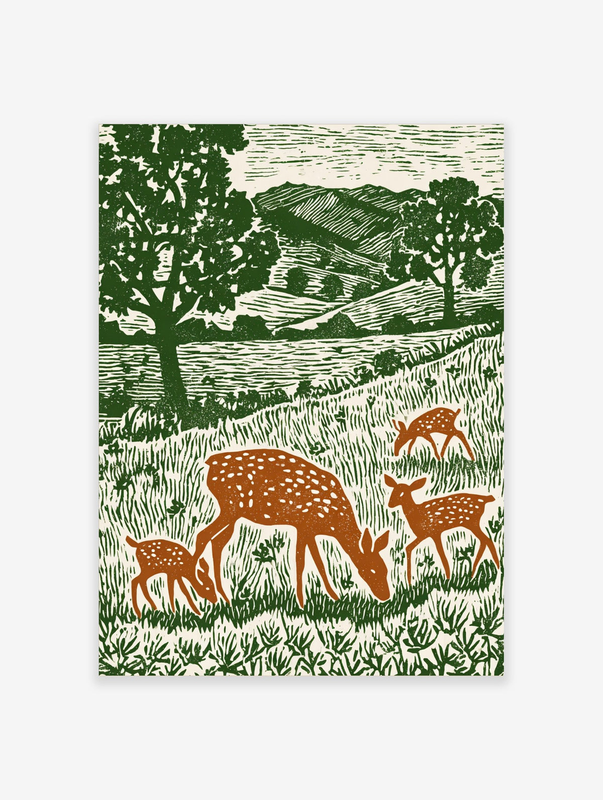 Woodcut style print of a spotted doe and three fawns grazing in a green meadow with trees and hills