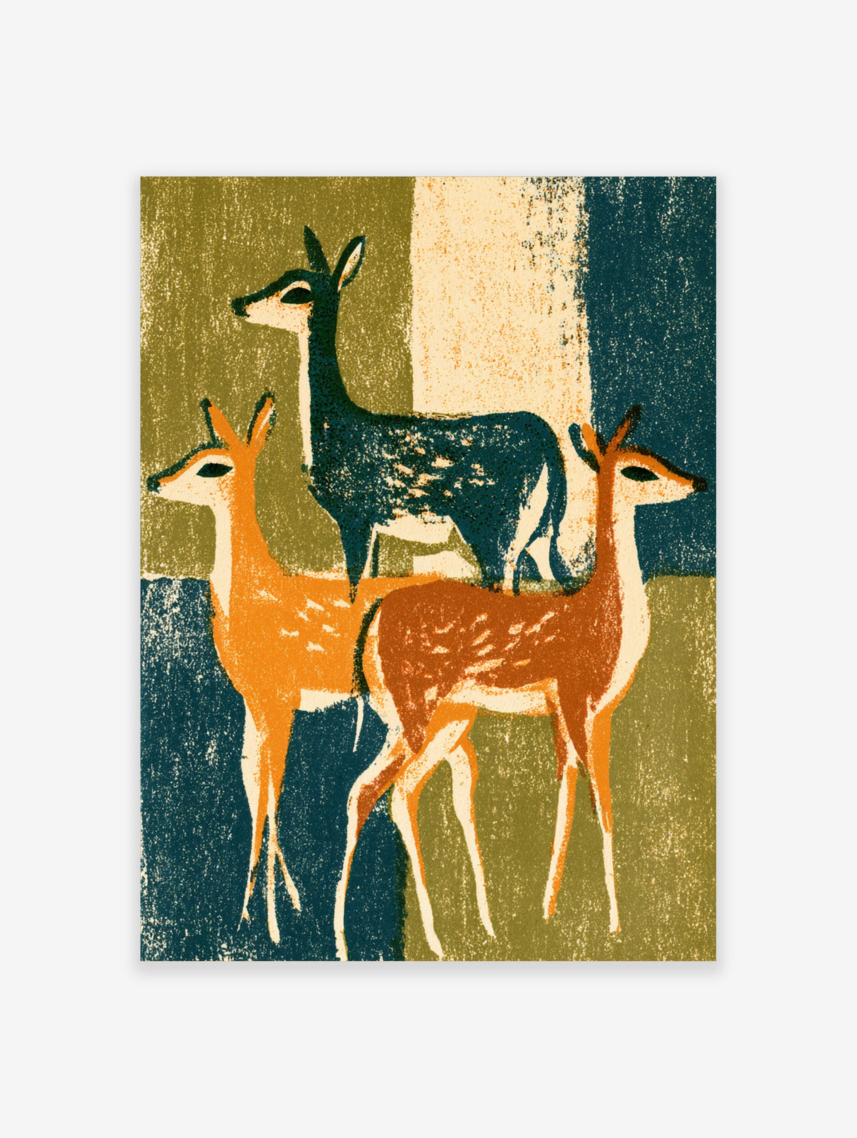 Mid-century modern deer art print with three stylised deer in olive, teal, and orange on a blocked background
