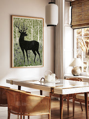 Black deer silhouette linocut print in a green forest with white trees and foliage, on a light background. - Image 3