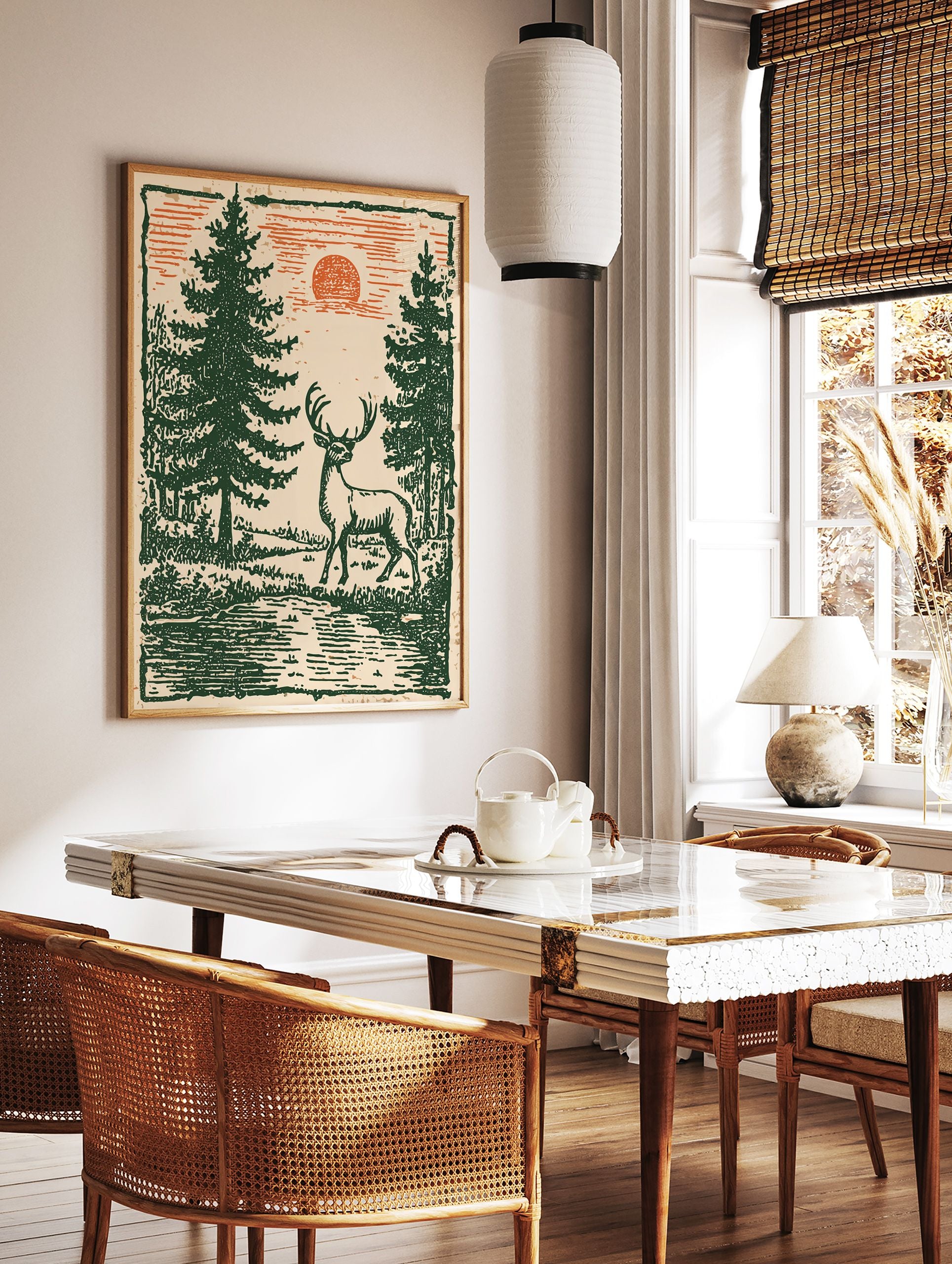 Vintage deer wall art featuring a stag in a green forest with pine trees and an orange sun in a woodcut illustration style. - Image 3