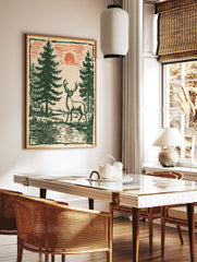 Vintage deer wall art featuring a stag in a green forest with pine trees and an orange sun in a woodcut illustration style. - Image 3