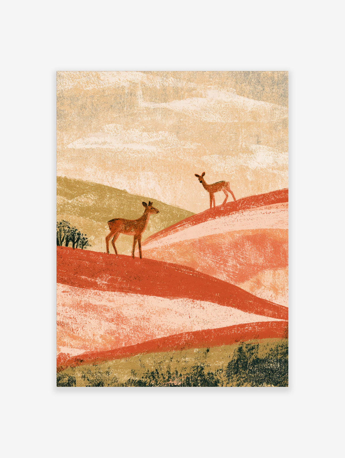 Minimalist deer art print with two deer on terracotta hills under a warm textured sky