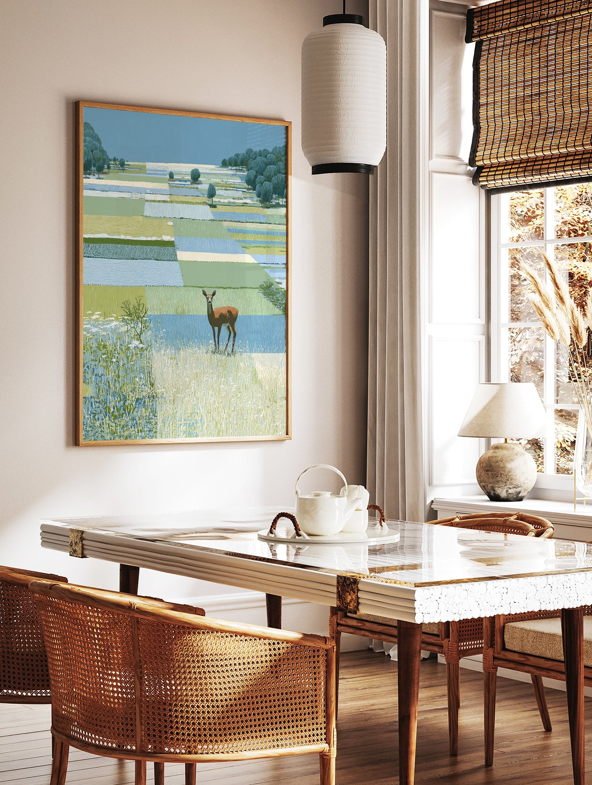 Deer wall art illustration of a brown deer in a green and blue patchwork landscape with trees and tall grass. - Image 2