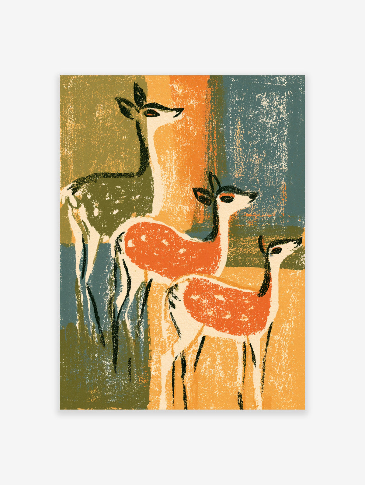 Retro deer art print with three stylised deer in orange and olive on a textured background