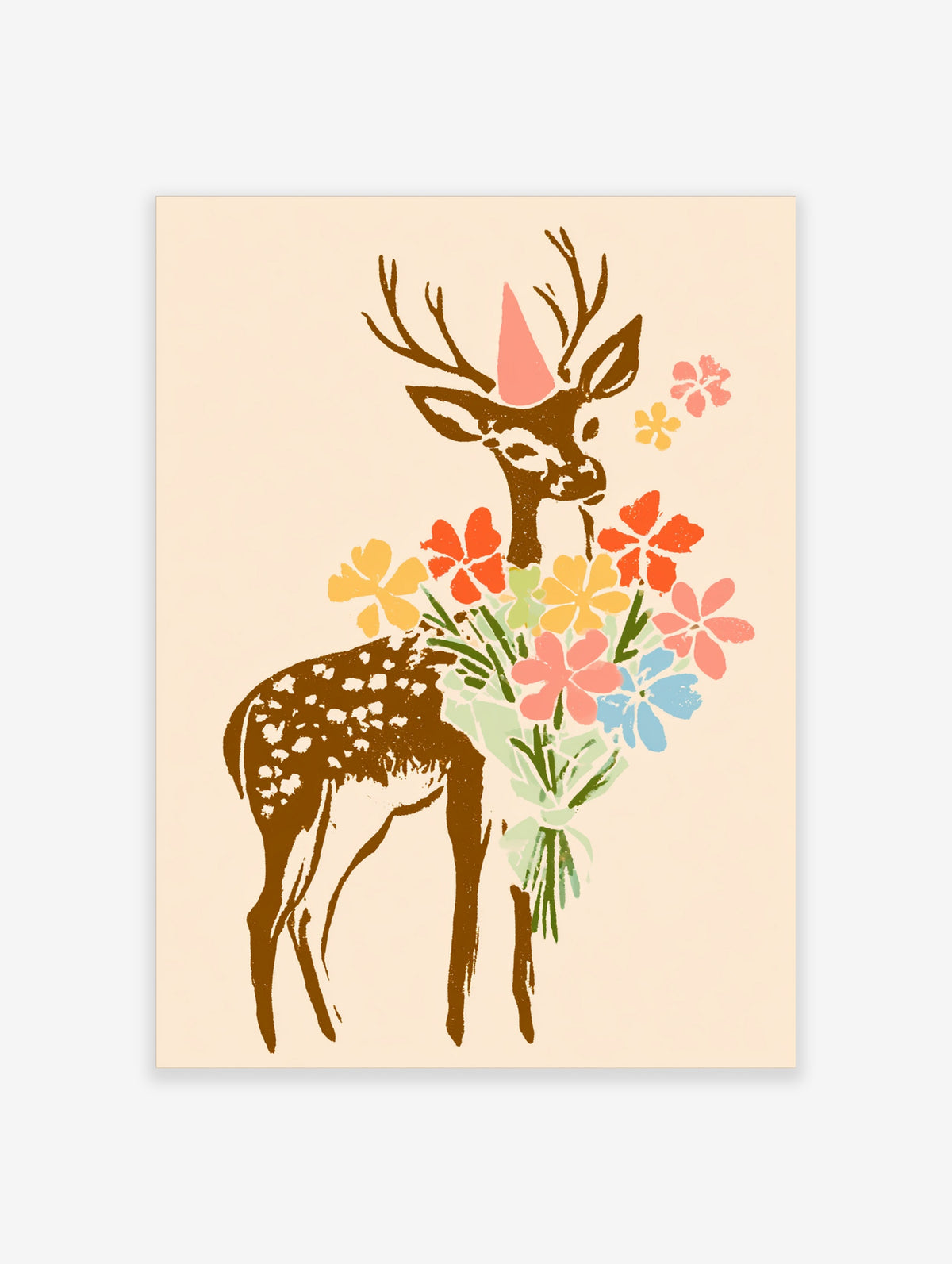 Brown spotted deer wearing a pink party hat holding a colourful bouquet of flowers on a cream background