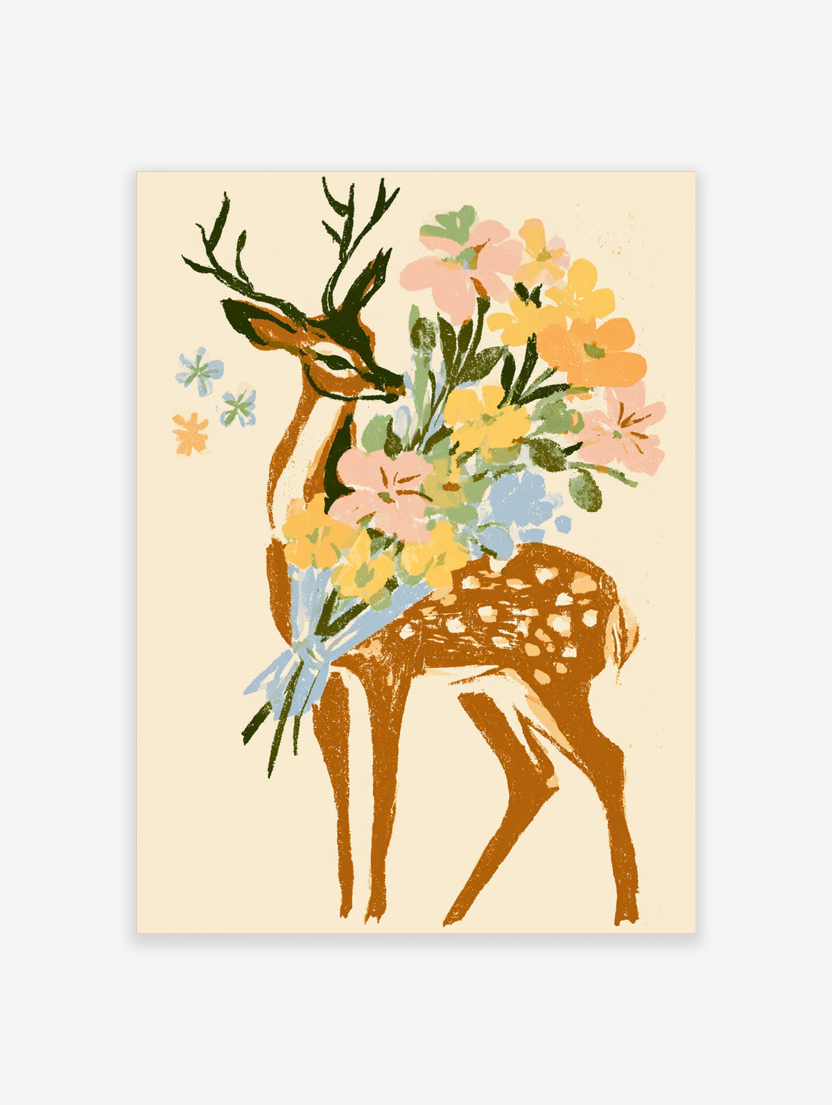 Brown spotted deer holding a bouquet of pink, yellow and blue wildflowers on a cream background
