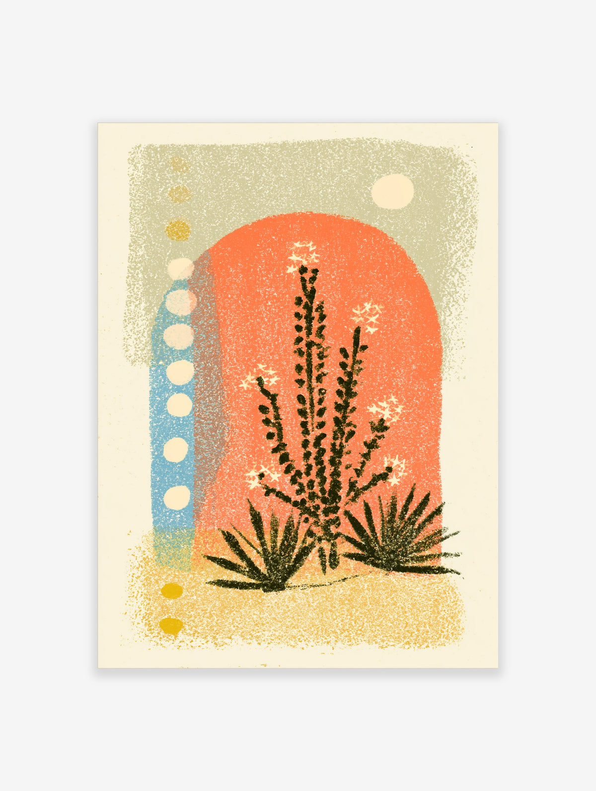 Desert botanical art print with dark green cactus, star flowers, orange arch, and sage background