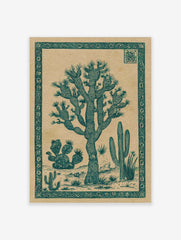 Illustrative desert landscape wall art with a large Joshua tree, saguaro cacti, and an ornate border in dark teal on beige