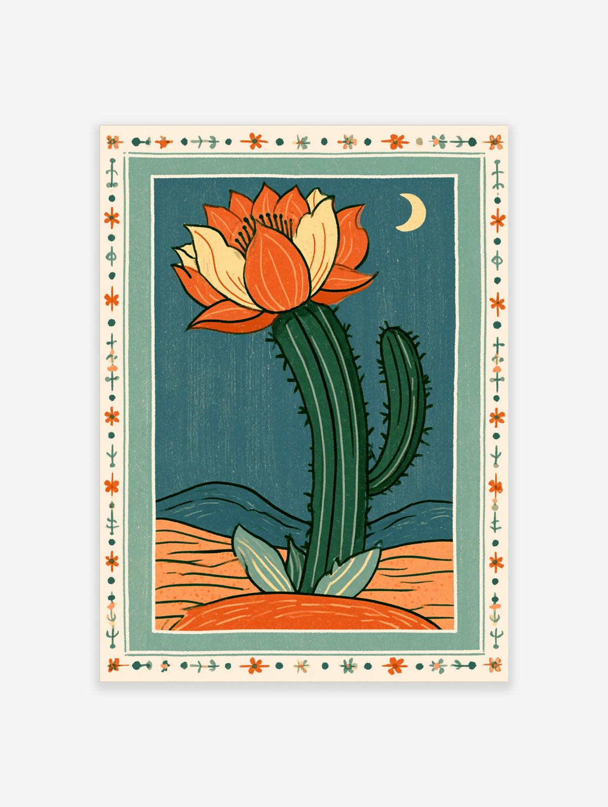 Illustrated desert cactus with orange flower, crescent moon, and striped hills on teal background