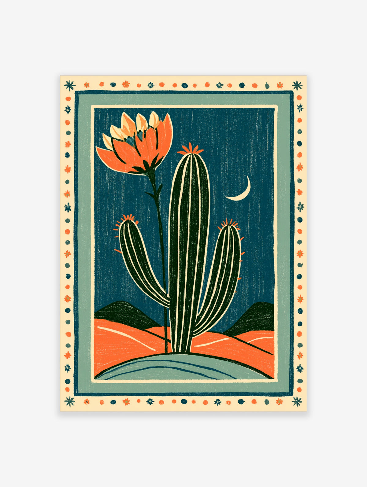 Portrait cactus flower art print with orange bloom, green cactus, crescent moon and striped border